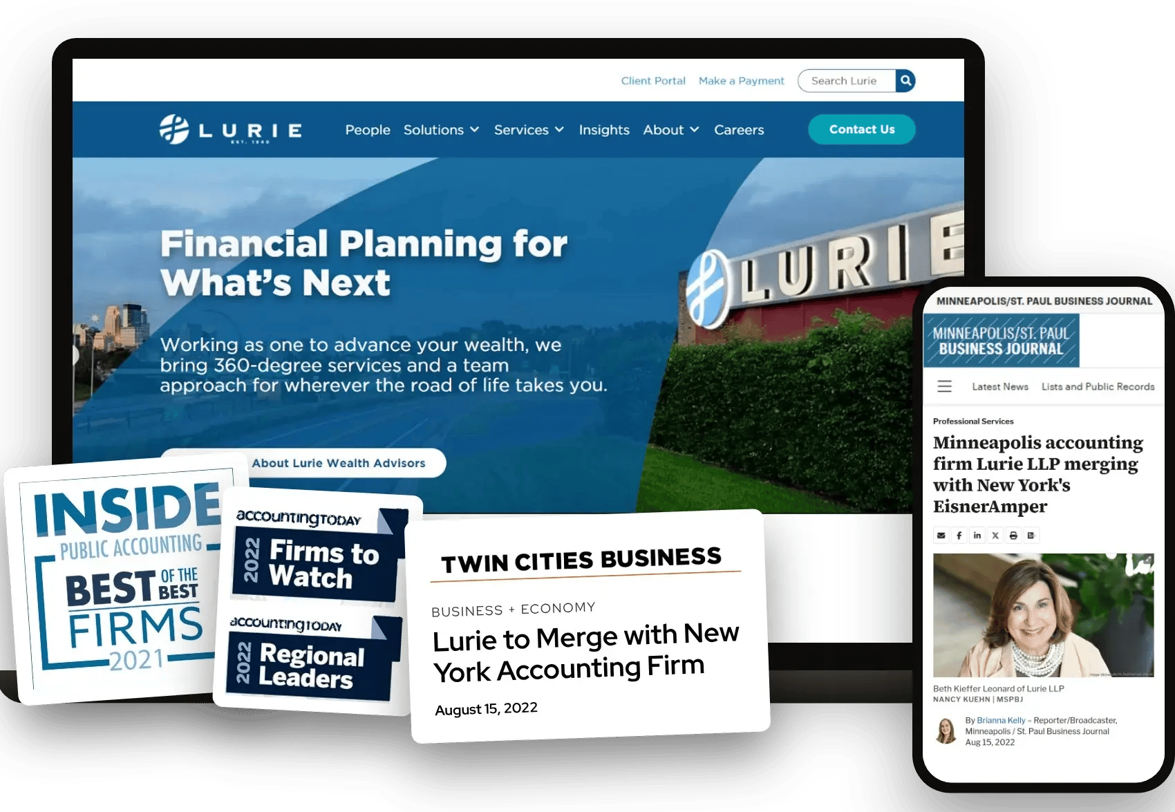 Lurie LLP website, Minneapolis/St. Paul Business Journal merger coverage, Twin Cities Business headline, and Inside Public Accounting and Accounting Today awards